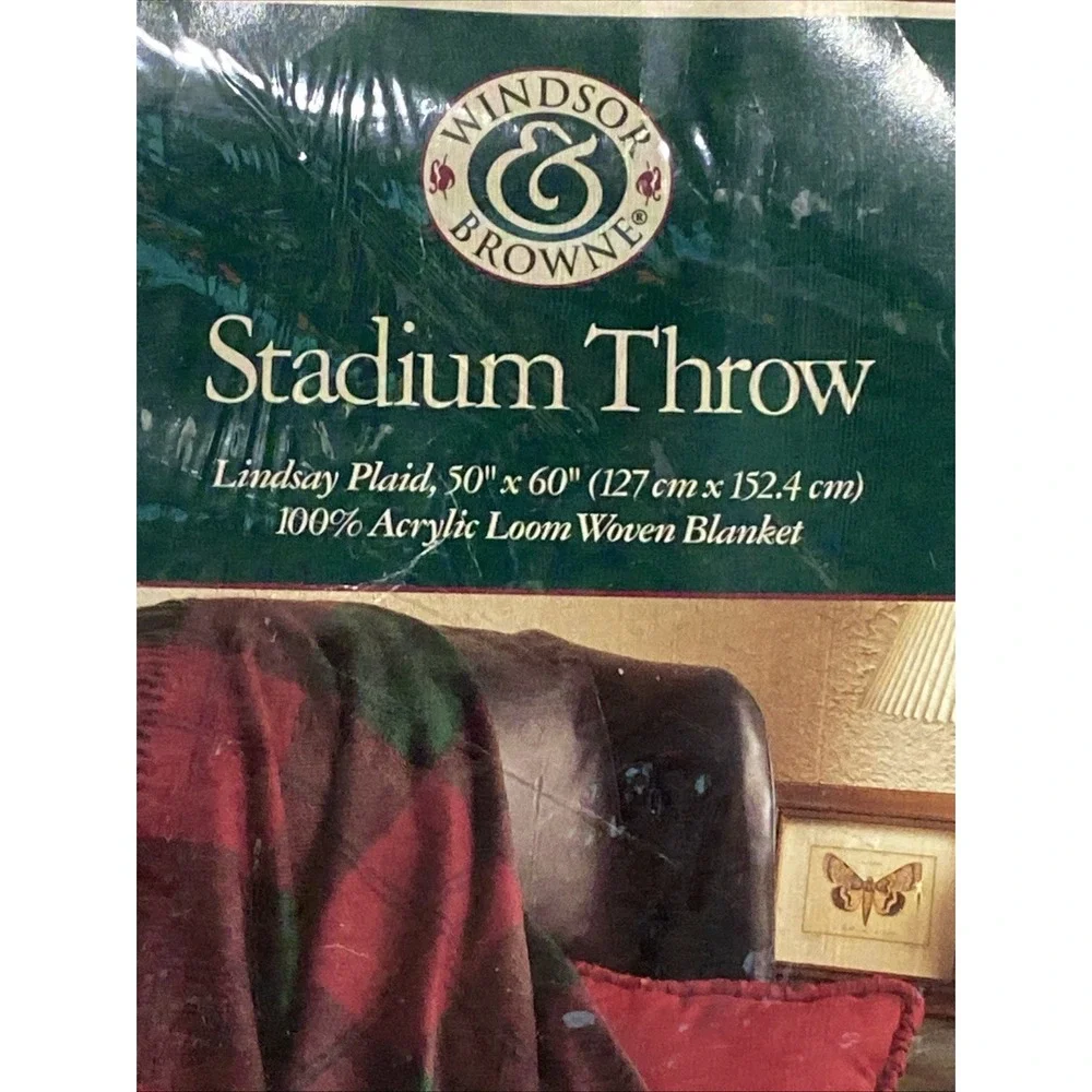 VTG Windsor Browne Plaid Fringe Stadium Throw Blanket Acrylic Red Green 50x60 US
